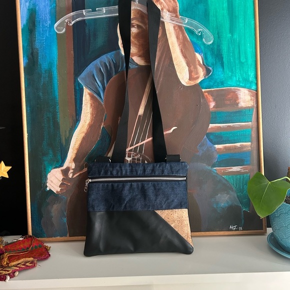 Stylish Denim and Black Crossbody Bag Vegan 9.5"x11" - Picture 8 of 16